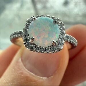 Vintage Sterling Silver Fire Opal & White Topaz Engagement Ring Size 9